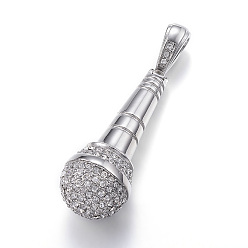 Кристалл 304 из нержавеющей стали большие кулоны, со стразами, микрофон, кристалл, 53x20.5 мм, отверстие : 6x12 мм