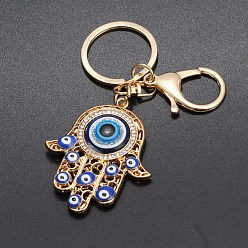 Golden Alloy Enamel Keychain, with Alloy Key Rings & Lobster Claw Clasps and Rhinestone, Hamsa Hand with Evil Eye, Golden, 11.8cm
