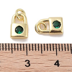 Green Brass Micro Pave Cubic Zirconia Charms, with Jump Ring, Lock, Real 18K Gold Plated, Green, 9x5.5x2.5mm, Hole: 1.6mm