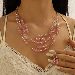 Pink Комплекты из ретро-сплава, смолы, подвесных серег и многослойных ожерелий, богемный стиль, розовые, Серьги: 37x8 mm