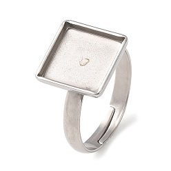 Stainless Steel Color Adjustable 304 Stainless Steel Finger Rings Components, Pad Ring Base Findings, Square, Stainless Steel Color, 11mm, 17mm, Tray Size: 10x10mm