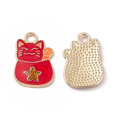FireBrick Alloy Enamel Pendants, Cat with Star Charm, Golden, FireBrick, 18.5x12.5x1.5mm, Hole: 2mm