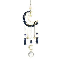 Lapis Lazuli Moon & Star Brass Hanging Ornaments, Natural Lapis Lazuli Chips and Glass Tassel Suncatchers, 300~308mm