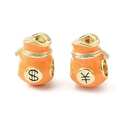 Chapado en Oro Real 18K Bolsa de dinero de latón esmaltado con cuentas europeas, abalorios de grande agujero, chapado en rack, larga duración plateado, sin plomo y el cadmio, real 18 k chapado en oro, 14x10.5x10 mm, agujero: 4.5 mm