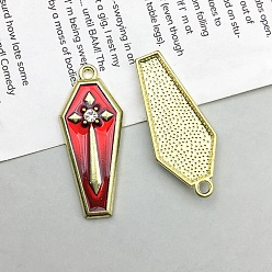 Golden Halloween Alloy Enamel Pendants, Coffin with Cross, Golden, 31x13mm
