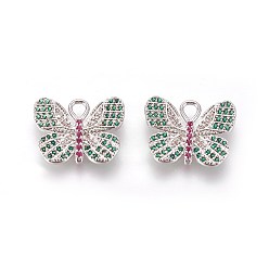 Platinum Brass Micro Pave Cubic Zirconia Pendants, Butterfly, Colorful, Platinum, 14x17x2mm, Hole: 3x2mm
