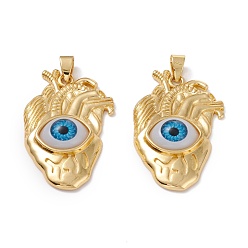Dodger Blue Brass Pendants, with Resin Eye Cabochons, Long-Lasting Plated, Real 18K Gold Plated, Dodger Blue, 38.5x24x7mm, Hole: 5x3.5mm