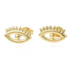 Real 18K Gold Plated Brass Evil Eye Stud Earrings for Women, Nickel Free, Real 18K Gold Plated, 7x11.5mm, Pin: 0.8mm