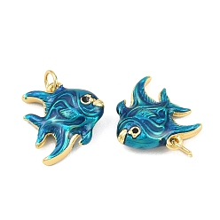 Azul Colgantes de esmalte de bronce, encantos de pescado, chapado en rack, larga duración plateado, sin plomo y el cadmio, real 18 k chapado en oro, azul, 16x16x5.5 mm, agujero: 3.5 mm