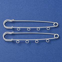 Silver Iron Brooch Findings, 4-Holes Kilt Pins for Lapel Pins Makings, Rack Plating, Silver, 21x89x7.5mm, Hole: 3.5mm