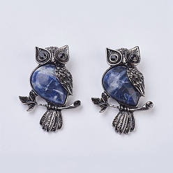 Содалитовое Gemstone подвеска, со сплавочной фурнитурой, и горный хрусталь, сова, 50x35x7.5~9 мм, отверстие : 5x8 мм