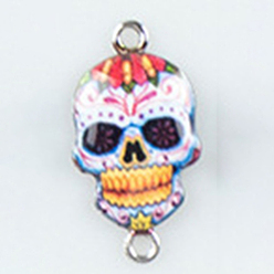 Colorful Cinco de Mayo Alloy Enamel Connector Charms, Sugar Skull Links, Platinum, Colorful, 26x14mm