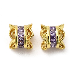 Фиолетовый Латунные микро проложить кубического циркония бусы, колонка, реальный 18 k позолоченный, фиолетовые, 7.5x7.5 мм, отверстие : 3.5 мм