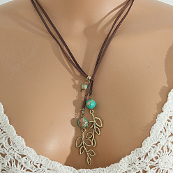 Лист Богемский сплав и синтетическая бирюза подвеска искусственная замша шнур лариат ожерелья для женщин, античное золото , лист, 15.75 дюйм (40 см)