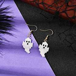 Настоящее золото 18K Серьги-подвески из стеклянных бусин ручной работы в виде призрака на тему Хэллоуина, с 304 нержавеющей стали серьги крючки, реальный 18 k позолоченный, 44x14.5 мм