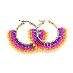 Морской Синий Серьги из 304 нержавеющей стали, серьги-кольца с бусинами, со стеклянными бусинами, вентилятор, золотые, Marine Blue, 40.5~42x48~48.5x4 мм