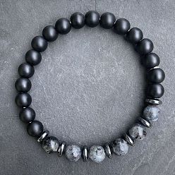 Лабрадорита Браслеты из натуральных лабрадоритов и матово-черных обсидиановых круглых бусин для мужчин и женщин, с синтетическими немагнитных гематита бисера