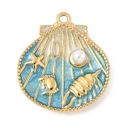 Темно-Голубой 304 нержавеющей стальной эмали подвески, с ABS имитации жемчуга, шарм в форме ракушки, реальный 18 k позолоченный, глубокое синее небо, 29x25.5x5 мм, отверстие : 1.8 мм