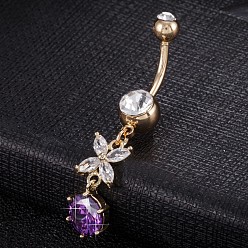Lila Piercing-Schmuck, umweltfreundlicher Nabelring aus Zirkonoxid aus Messing, Bauchringe, mit 304 Edelstahlleiste, echt 18 k vergoldet, Schmetterling, lila, 45x9 mm, Stangenlänge: 3/8"(10mm), Stange: 14 Spurweite(1.6mm)