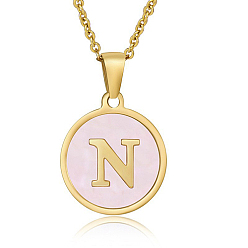 Letter N Natural Shell Initial Letter Pendant Necklace, with Golden Stainless Steel Cable Chains, Letter N, 17.72 inch(45cm)