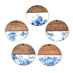 Dodger Blue Transparent Resin & Walnut Wood Pendants, with Shell Chips, Two Tone, Flat Round, Dodger Blue, 38.5x3.5mm, Hole: 2mm