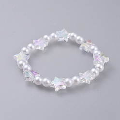 White Kids Stretch Bracelets, with Transparent Acrylic Imitated Pearl Beads and Transparent Acrylic Beads, Star & Round, White, 1-5/8 inch(4.3cm)