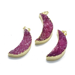 Medium Violet Red Natural Druzy Agate Pendants, Edge Golden Plated, with Golden Tone Brass Finding, Moon, Dyed & Heated, Medium Violet Red, 33~34x14~14.5x8.5~11.5mm, Hole: 3.5x6mm