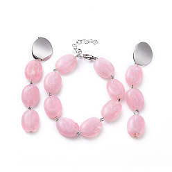 Бледно-Розовый Комплекты ювелирных изделий, браслеты и серьги, с акриловыми бусинами из искусственного камня, 304 выводы из нержавеющей стали и штифт с железной головкой, овальные, розовый жемчуг, браслет: 7-5/8 дюйм (19.5 см), серьги: 86 mm, штифты : 0.8 мм