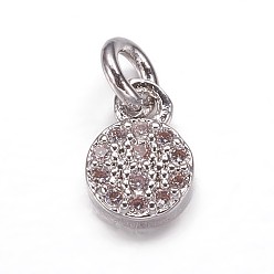 Платина Латунные микро проложить кубического циркония подвески, плоские круглые прелести, платина, 7x5x2 мм, отверстие : 2 мм