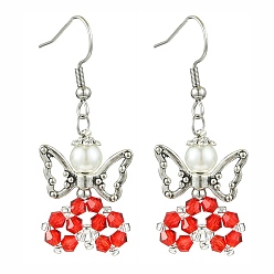 Красный Болтающие серьги из стекла, с бусинами из сплава и 304 крючками для сережек из нержавеющей стали, ангел, красные, 44~45x18 мм