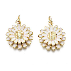 Белый Латунь эмаль подвески, без никеля , реальный 16 k позолоченный, с прыжковых колец, хризантема, белые, 18.5x16x4 мм, Перейти кольцо: 5x1 мм, внутренний диаметр: 3 мм