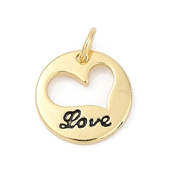Настоящее золото 18K Латунь эмаль прелести, с целью перехода в кольце, плоские круглые подвески с сердцем и надписью «любовь», долговечный, без свинца и без кадмия, стойки покрытие, реальный 18 k позолоченный, 12.5x1.5 мм, отверстие : 3.5 мм