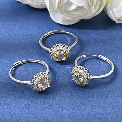 Quartz Jaune Micro cuivres ouvrent zircons bagues, ronde, avec quartz jaune naturel, platine, plat rond: 11x11 mm, diamètre intérieur: 18 mm