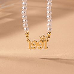 Number Женские ожерелья из круглого белого бисера с имитацией жемчуга и подвеской в виде короны в виде года рождения, золотые, число 1991, 14.96 дюйм (38 см)