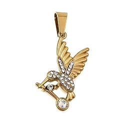 Crystal 304 Stainless Steel Rhinestone Pendants, Bird Charms, with 201 Stainless Steel Snap On Bails, Ion Plating(IP), Golden, Crystal, 26x16x3mm, Hole: 6x3.5mm