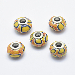 Dunkelgolden Handgemachte  europäischen Fimo-Perlen, mit versilberten Messingkernen, Großloch perlen, Rondell, dunkelgolden, 13~16x8~11 mm, Bohrung: 4.5~5 mm