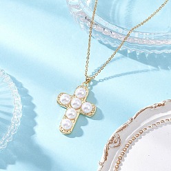 Золотой Подвеска-крестик из латуни и искусственного жемчуга ABS 304 ожерелья из нержавеющей стали с цепочкой, белые, золотые, 15.20 дюйм (38.6 см)