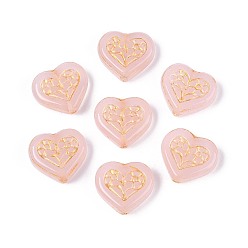 Розовый Стеклянные бусины, сердце, золотой металл обвитыми, туманная роза, 15.5x17x6 мм, отверстие : 1.2 мм