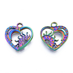 Rainbow Color 304 Настройки горный хрусталь из нержавеющей стали кулон, сердце с солнцем, Радуга цветов, пригодный для стразов 1 мм, 19x17x2 мм, отверстие : 2 мм