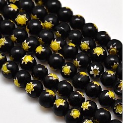 Черный Круглые Millefiori стеклянные бусины нити, чёрные, 7.6~8 мм, отверстие : 1 мм, около 48 шт / нитка, 14.9 дюйм