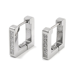 Нержавеющая Сталь Цвет 304 Квадратные серьги-кольца из нержавеющей стали с микропаве из прозрачного кубического циркония для женщин, с 316 ушными шпильками из хирургической нержавеющей стали, цвет нержавеющей стали, 12x3x12.5 мм