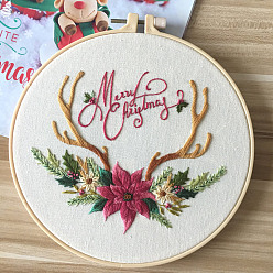 Deer Embroidery Starter Kits, including Embroidery Fabric & Thread, Needle, Instruction Sheet and Imitation Bamboo Embroidery Hoop, Christmas Theme, Deer, 300x300mm