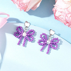 Фиолетовый Сердце с бантом, подвесные серьги-гвоздики из бисера ручной работы из стекла, с 304 серьгами из нержавеющей стали, цвет нержавеющей стали, фиолетовые, 36.5x28.5 мм