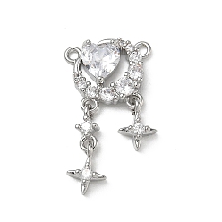 Platinum Brass  Micro Pave Clear Cubic Zirconia Chandelier Component Links, Heart with Star & Tassel, Platinum, 25x14x4.5mm, Hole: 1.2mm