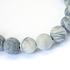 Netstone Frosted Natural Black Silk Stone/Netstone Round Bead Strands, 10mm, Hole: 1.2mm, about 36pcs/strand, 15.5 inch