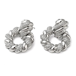 Platinum Twist Ring Clear Cubic Zirconia Stud Dangle Earrings, Brass Earrings for Women, Platinum, 31x24mm