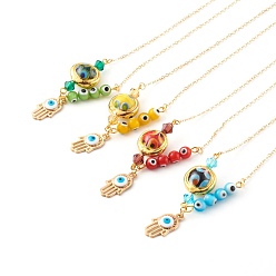 Mixed Color Alloy Enamel Hamsa Hand with Evil Eye Pendant Necklaces, with Lampwork Beads and Brass Cable Chains, Golden, Mixed Color, 17.91 inch(45.5cm)