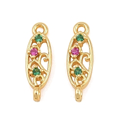 Зеленый Шармы-соединители из латуни с паве из кубического циркония, овал с цветочными звеньями, долговечный, стойки покрытие, реальный 18 k позолоченный, ярко-розовый, зелёные, 13x4x3 мм, отверстие : 1 мм
