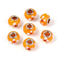 Темно-Оранжевый Бусины лэмпворк европейского стиля , ухабистая лампа, с платиновой латуни двойной ядер, бусины с большим отверстием, RONDELLE с цветком, темно-оранжевый, 16x14x10.5 мм, отверстие : 5 мм