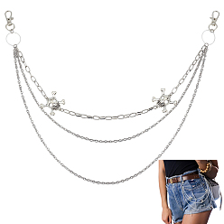 Нержавеющая Сталь Цвет 304 череп из нержавеющей стали 3 многослойные цепные ремни для джинсовых брюк, с сплава шарнирного когтя омара застежками, цвет нержавеющей стали, 470 мм